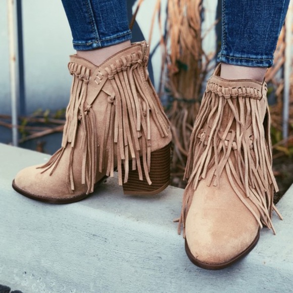 Shoes - Vegan Suede Western Fringe Booties in Desert Sand